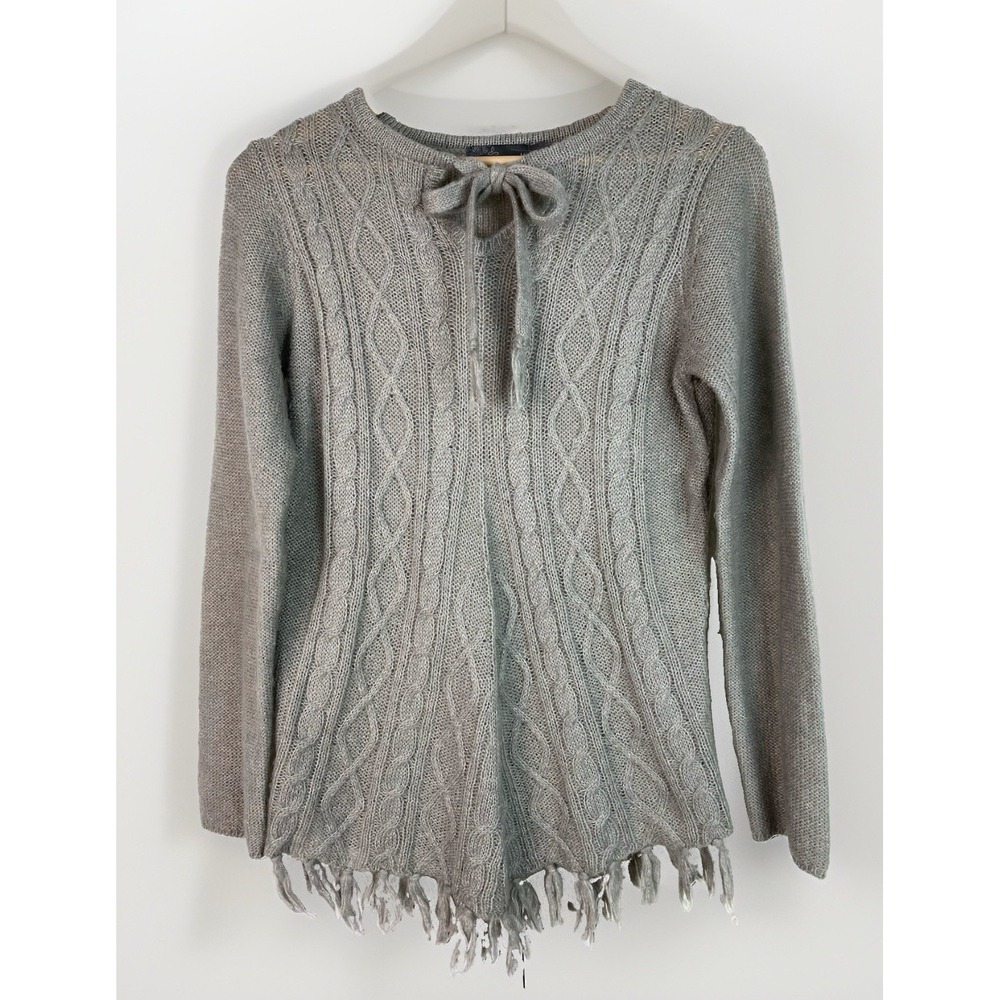 prAna Shelby Women's M Gray Cable Knit Tie Neck Fringed Pullover Sweater
